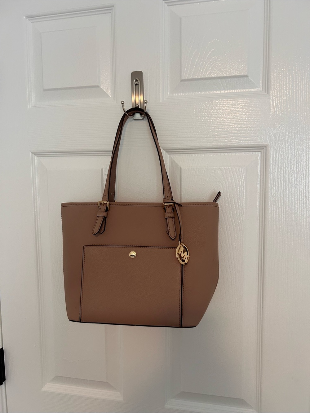 Michael Kors Jet Set Medium Leather Tote with Front Pocket and Logo Charm
